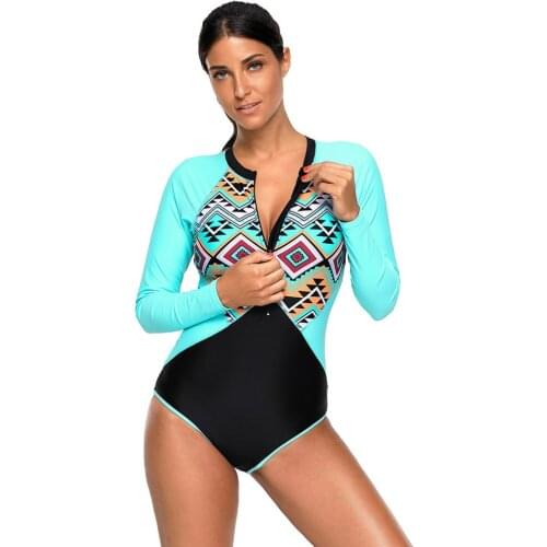 Sexy Womens One Piece Suits Zipper Front Long Sleeve O-neck Padded Swimwear Sports Surfing Bathing Suit Beachwear Swimsuit XXL
