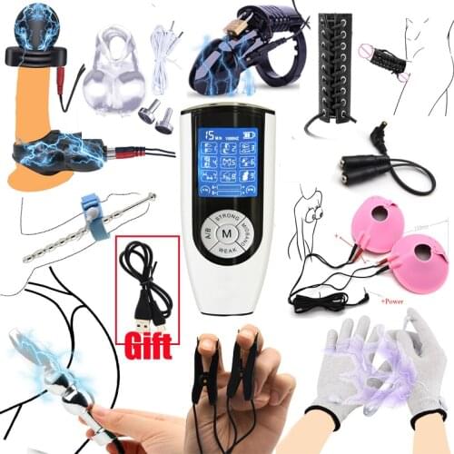 Strongest BDSM Electric Shock Anal Butt Plug Cock Cage Scrotum Sleeve Electro Stimulator Gloves Penis Plug Nipple Clamps Sex Toy
