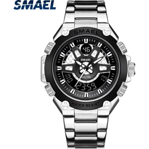 SMAEL Business Watch For Men Stainless Steel Dual Display Watches Mens Top Brand Casual Quartz Wristwatch relogio masculino 1383