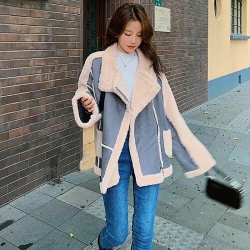 Loose Locomotive Jacket Coat Female 2021 Winter New Suede Stitching Lamb Hair Warm Fashion Cool Contrast Color Lapel Thick