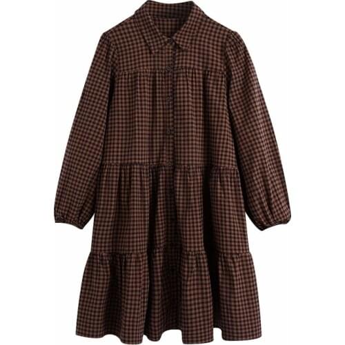 Evfer Autumn Spring Vintage Lady Za Plaid Brown Mini Dresses Female Fashion High Waist Long Puff Sleeve Pleated Shirt Dress Chic