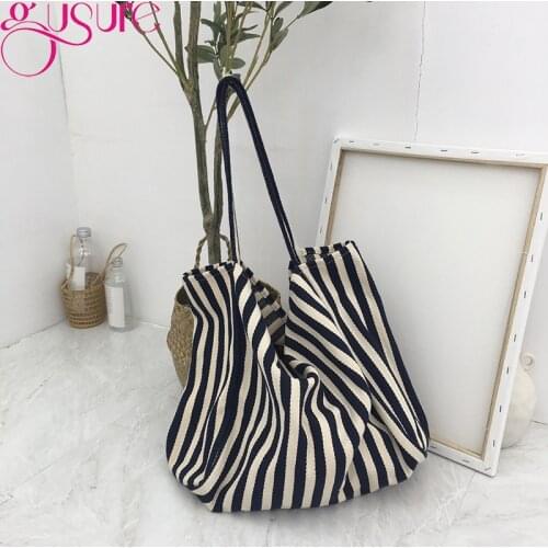 Gusure Striped Design Shoulder Bag Large Capacity Canvas Tote Bag for Women Summer Beach Classical Female Casual Travel Handbags