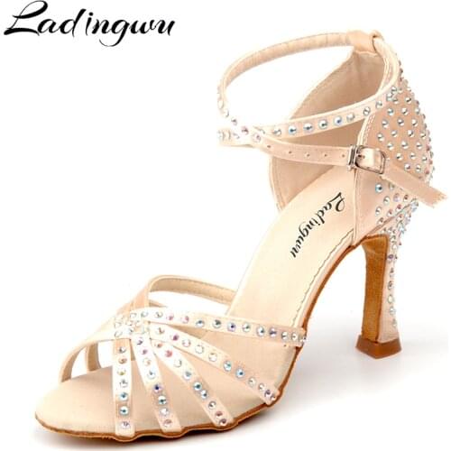 Ladingwu New Satin Latin Dance Shoes Women Salsa Rhinestone Shoes Dance For Woman Ballroom Dancing Shoes Beige Apricot Brown
