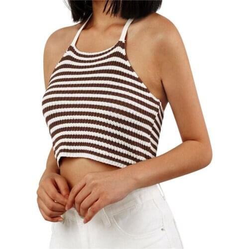Summer Casual Fashion Cami Top Stripes Halter Backless Slim Fit Knitting Vest Crop Tops Women Club Streetwear Clothing 2021
