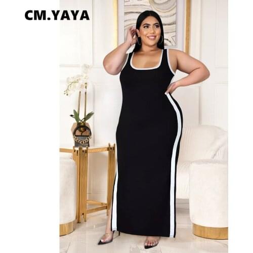 CM.YAYA Women Long Dress Solid Sleeveless O-neck Stretchy Side High Splited Maxi Dresses Casual Vintage Vestidos Summer Outfits