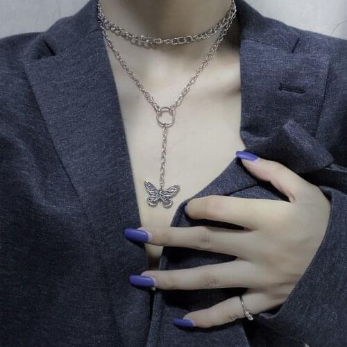 Trendy Creative Punk Double Layer Butterfly Necklace Street Fashion Silver Color Womens Necklaces Party Jewelry Accessories
