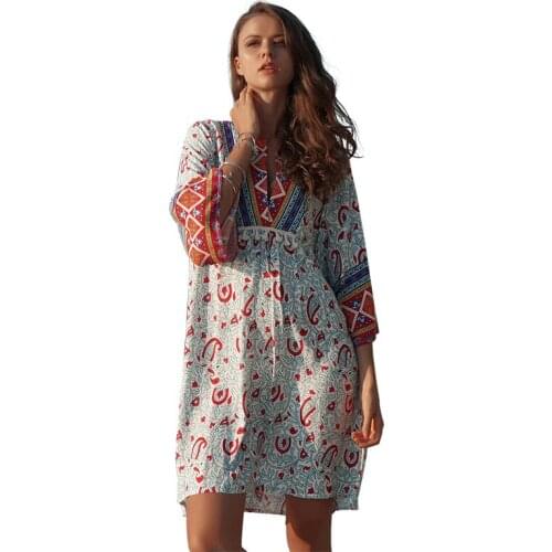 2019 New Spring Summer Dress Casual Fashion Trendy Temperament Print Large Size Loose Long Sleeve V Neck Women Dress ZW183
