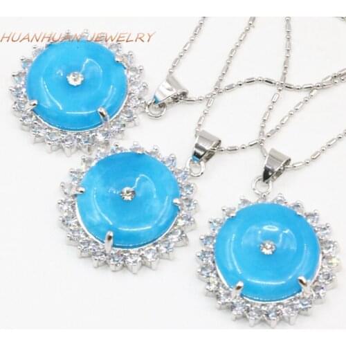 27mm Flat Round Pendant For Women Blue Natural Jades Stone Pendants Silver-Color Stainless Steel Chain Necklace Jewelry B3354