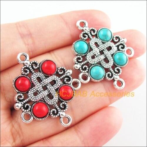 4Pcs Retro Tibetan Silver Tone Chinese Knot Blue&Red Stone Charms Connectors 30x37mm