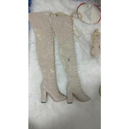 Sequined Shinning Deep Toe Tall Boots Sapatos Mulher Chunky Lace Up Winter Boots Women