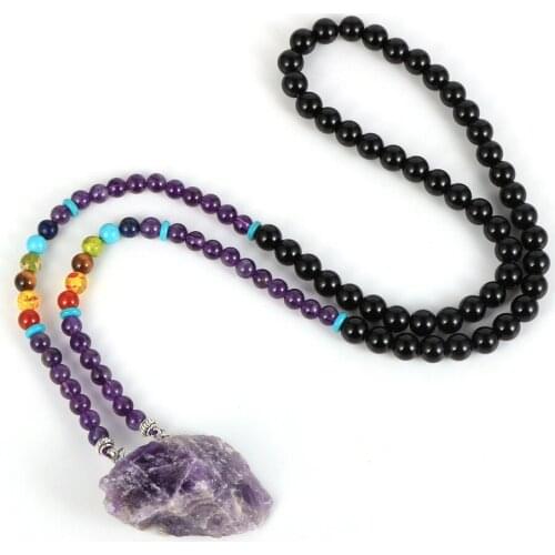 Bohemia Ethnic Natural Irregular Amethysts Pendant Necklace 6mm Crystal Beaded Long Sweater Necklace For Women 2020 New Jewelry