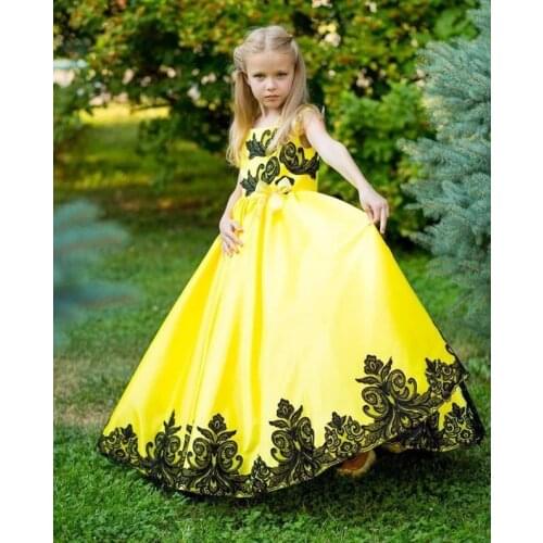 Black Lace Yellow Dress For Flower Girls Yellow Princess Ball Gowns Girls Pageant Party Birthday Dresses Ball Gowns Custom