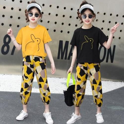 DIIMUU Summer Fashion Children Clothing Set Girls Clothes Short Sleeve T-shirt + Trousers 5-13T 2Pcs Kids Baby Girl Outfits Suit