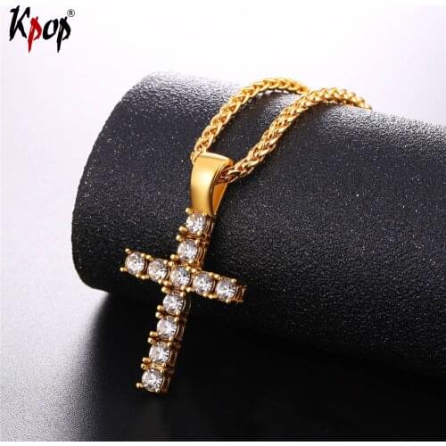Kpop Austrian Rhinestone Cross Stainless Steel Pendant With Chain Gold/Black Color Necklaces Christian Jewelry Necklace GP346