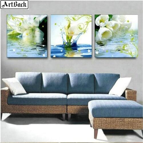 ArtBack three fight 5d diamond painting water lily full square sticker diy diamond mosaic flower wall decoration