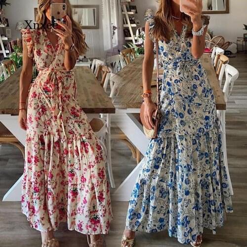 Summer Ruffle Long Dresses Boho Floral Print Maxi Dress Sashes Women Vestidos Ethnic Ladies New Fashiongypsy Chic Female Robe
