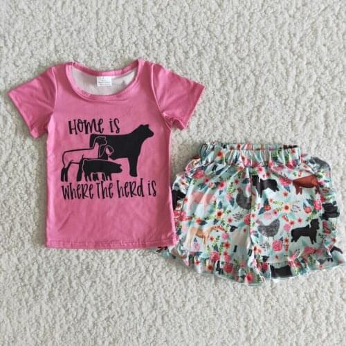 RTS Baby girls boutique outfits clothing sets summer hotpink short sleeve tee shirt top ruffle shorts children wholesale clothes