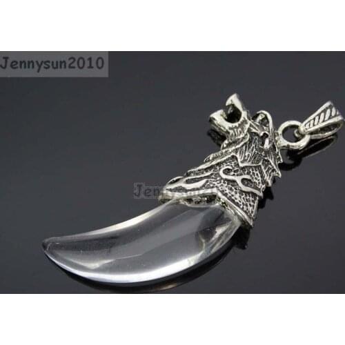 Natural Clear Quartz Gems stones Claw Paw Tibetan Silver Carved Wolf Head Pendant Charm Beads Great Jewelry Design 10Pcs/Pack