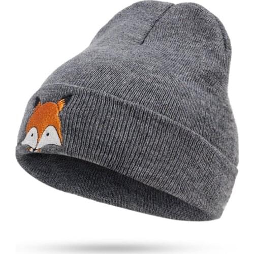 KENSHELLEY New Fashion Thick Warm Custom Knit Cuffed Acrylic Slouchy Beanie Fox Embroidery Streetwear Skull Beanies