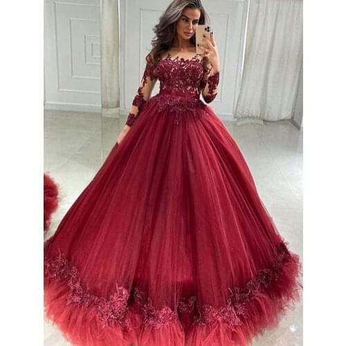 Glamorous Burgundy Illusion O Neck Appliqued Lace Long Sleeve Ball Gown Floor Length Prom Dresses