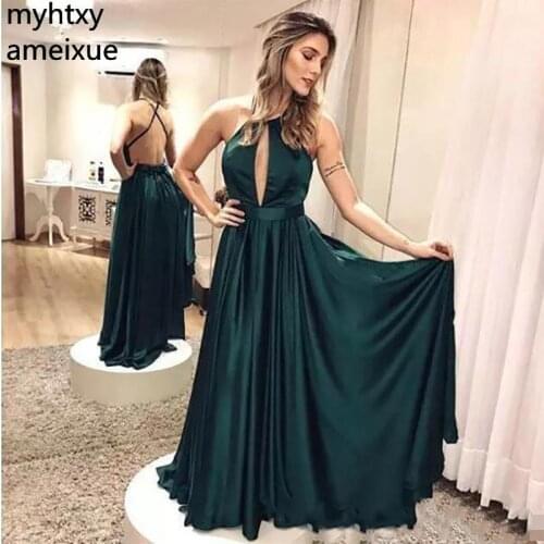 Hunter Green Sleeveless Halter Evening Dresses 2020 Sexy Hollow Out Backless Floor Length Evening Dresses Cheap Long Party Gowns