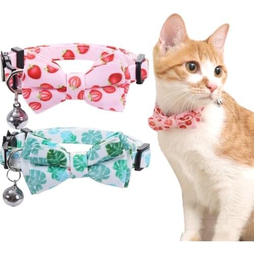 Cat Collar Breakaway with Cute Bow Tie and Bell Adjustable Safety Leaf & Fruit Patterns Kitten Collars for Pet and Puppies