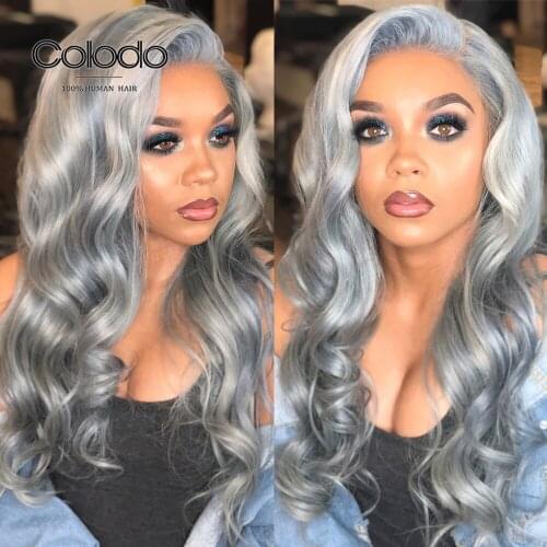 COLODO Grey Wig With Baby Hair Lace Front Wig Preplucked Body Wave Ocean Blue Brazilian Remy Human Hair Wigs For Black Women