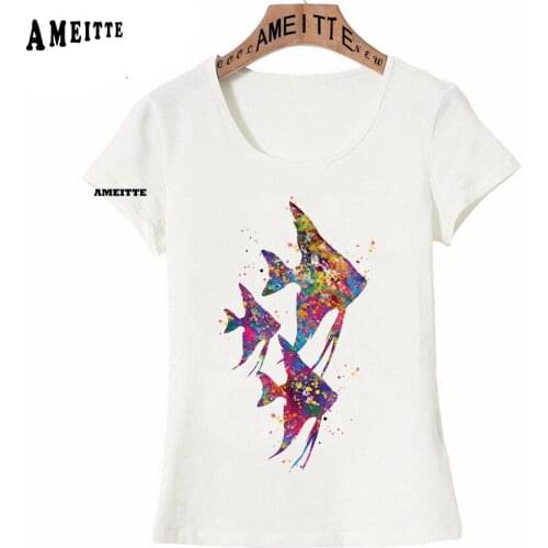 Hungarian Angelfish Family Watercolor T-Shirt Summer Women Short Sleeve Cute Girl White Casual Tops Colorful Fish Design Tees