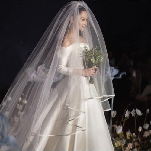 Super long 6 meters double layer simple satin ribbon edge 3m width bridal veil headpiece wedding accessoires