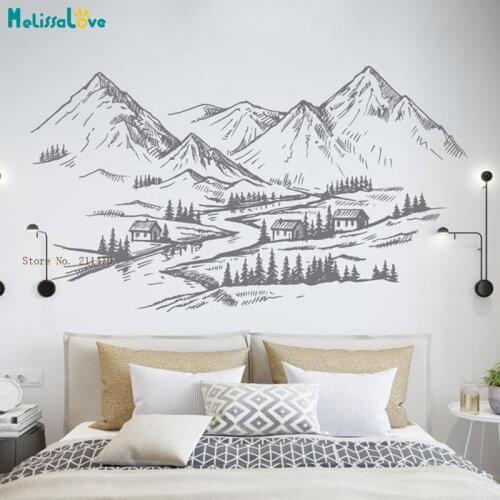 Quiet Mountain Village Landscape Wall Sticker For Kids Room Nursery Decor With Sun Animals Decals Removable YT5631