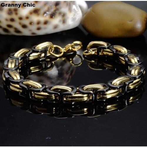 Granny Chic Mens Jewelry Fashion Black Gold Tone Stainless Steel Byzantine Chain Bracelet New Gift 8mm8.66"