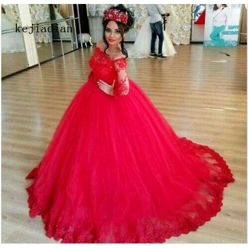 Vintage Full Sleeve Lace Red Ball Gown Wedding Dress boat neck off the shoulder wedding gown custom