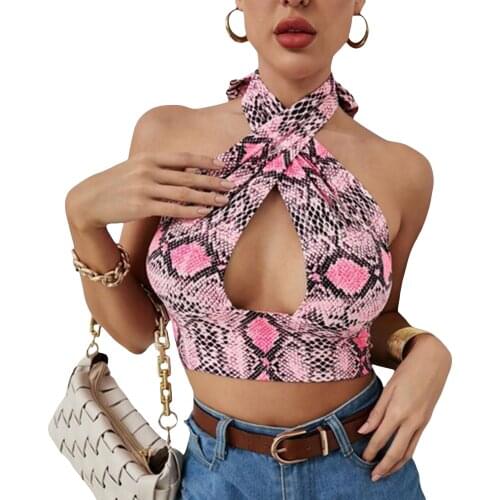 Summer Women Sexy Hollow Out Camisole Printed Pattern Halter Neck Sleeveless Crop Tops Pink Black Grey Khaki