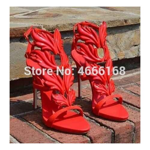 Vinapobo Summer Women High Heels Gold Winged Leaves Cut-out Stilettos Gladiator Sandals Flame Party High heel Sandal Shoes Woman