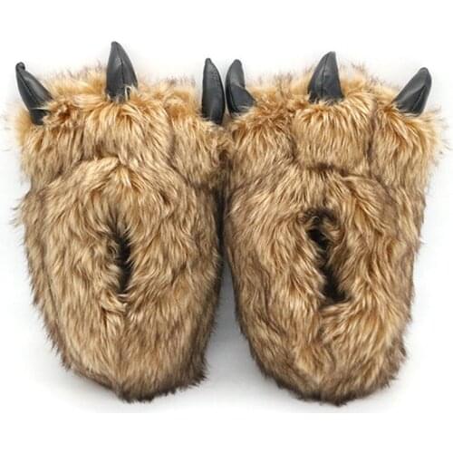 Womens Winter Bear Claw Cotton Slippers Indoor Warm Womens Fur Slides Ladies Cute Plush Animal Shoes Female Fur Flip Flops