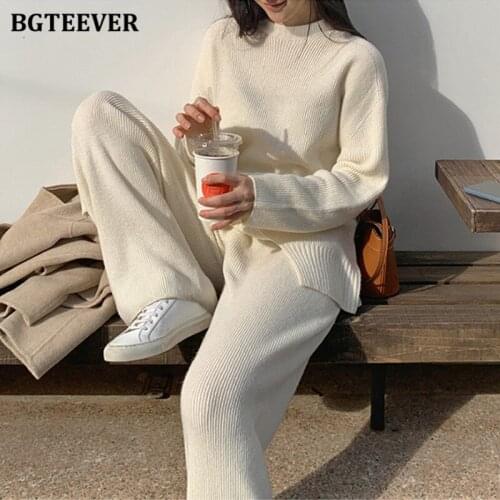 BGTEEVER Casual Loose 2 Pieces Knitted Set Women O-neck Long Sleeve Sweater & Long Trouser 2021 Autumn Winter Sweater Set Women