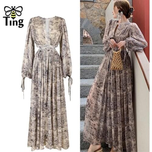 Tingfly Fashion Vintage Floral Lantern Long Sleeve Chiffon Long Dresses Sexy Hot Waist Cut Out Zevity Vestido Boho Vacation Robe