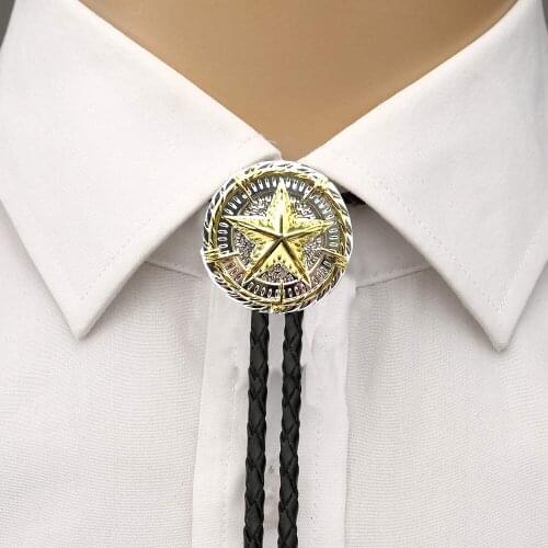Gold round Pentagram bolo tie for man cowboy western cowgirl lather rope zinc alloy necktie bola tie tips