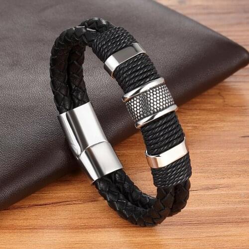 High Quality Stainless Steel Charm Bracelet Braided Black Brown Leather Bracelet for Mens Hand Wristband Jewelry