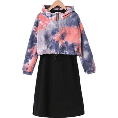 Kids Dress Sets Girl Long Sleeve Hooded Top+ Black Dress 2-piece Set Baby Girl Clothes Tie-dye Pullover Children Clothes Suits