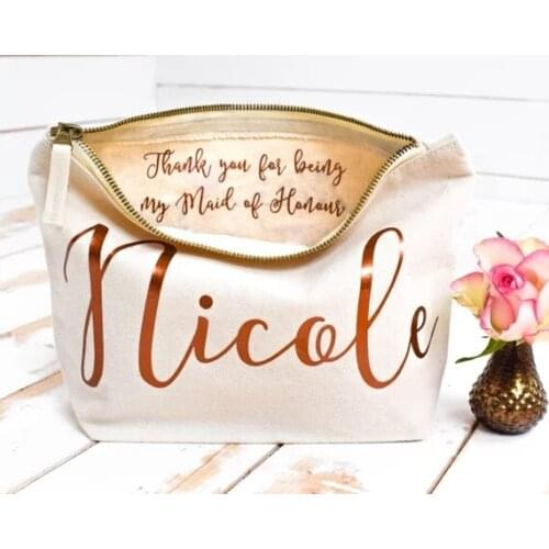 Personalized text name wedding birthday gifts bride bridesmaid comestic vanity Bags, Unique Gift for Bridal Party, Cosmetic Bags