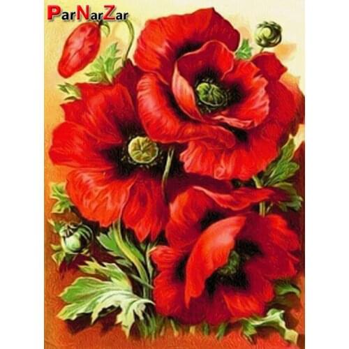 ParNarZar DIY 5D Diamond Painting Full Round / Square Drill Red Flower Rhinestone Embroidery Cross Stitch Arts Craft Wall Decor
