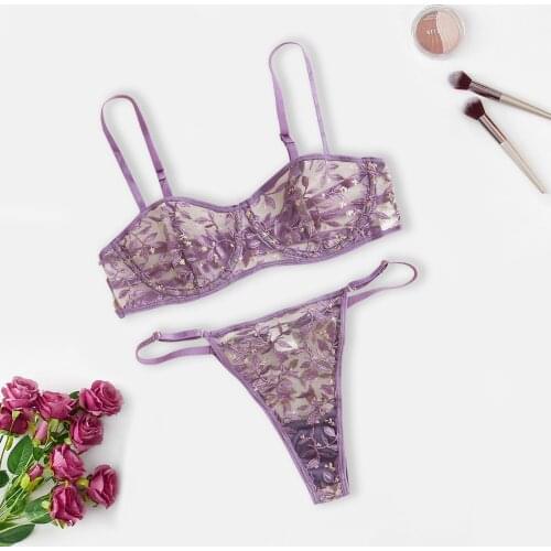 Purple Lace Lingerie Set Purple Flowers Embroidery Bra G-string Thong Suit Sexy Underwear Set lencería sexy нижнее белье женское