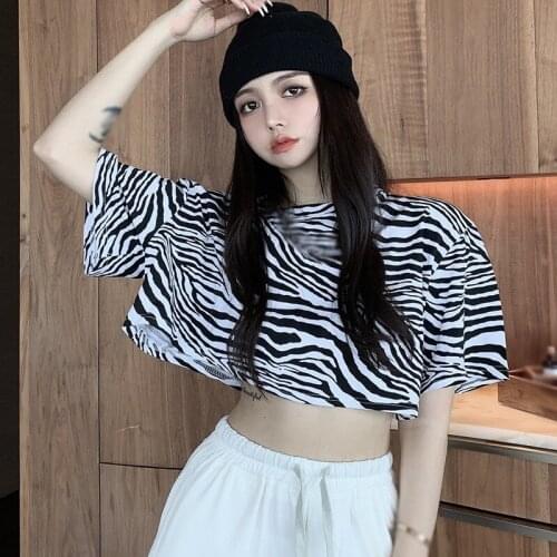 Summer Korean Style Fashion All-Match Net Retro Zebra Stripe Print Round Neck Short Style Short-Sleeve T-shirt Top