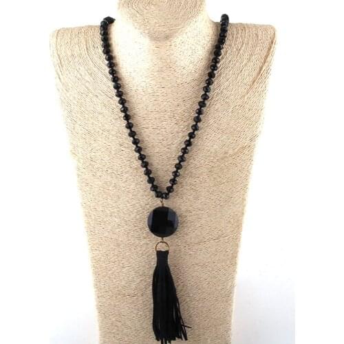 MOODPC Fashion Bohemian Tribal Jewelry Glass Crystal Knotted Big Glass Link Long Tassel Necklaces Women Necklace