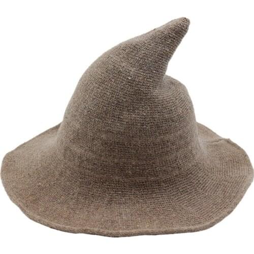 Autumn Winter Thickened Wool Witch Pointed Hat Foldable Knitted Wizard Cap Wide Brim Bucket Hats Magic Top Hat for Men Women