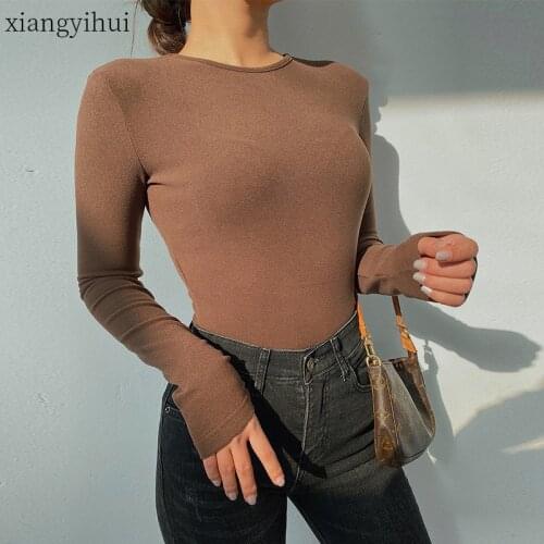 Autumn Warm Solid Color Long-sleeved Bottoming T-shirt Women Casual Comfortable High Waisted T-shirt Top Black Grey Brown