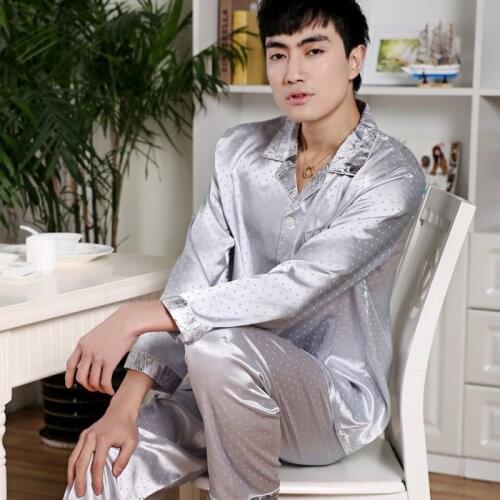 Two-piece Ice Silk Pajamas Men Long Sleeve Pijamas Sleep Tops Trousers Thin Men Pajamas Set Sleepwear Mens Clothing Sets
