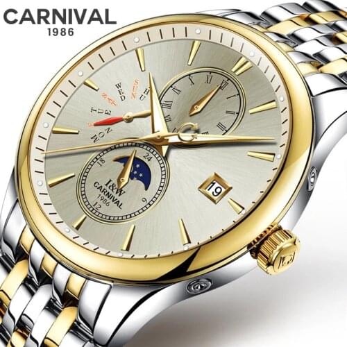 CARNIVAL Brand Luxury Gold Automatic Watch Men Waterproof Fashion Luminous Business Mechanical Wristwatch Relogio Masculino 2021