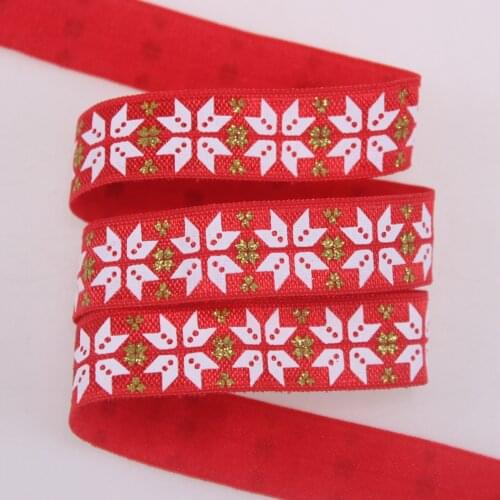 5/8" 15mm christmas glitter flower printed fold over elastic #250 red for hair tie, 100yards/lot